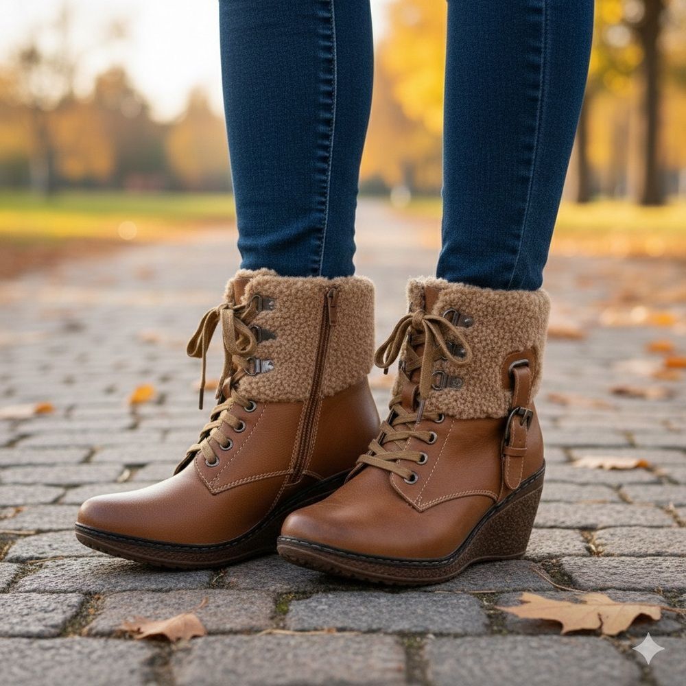 Patrizia Iceland Comfort Shearling Wedge Ankle Boots Camel Womens EU 38 US 7.5